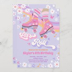 the roller skate birthday party is going on in pink and purple colors with daisies