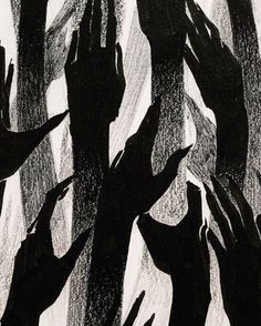 black and white drawing of hands reaching up to the sky