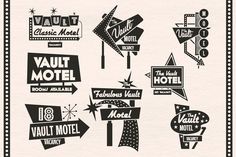 various vintage motel signs are displayed on a piece of paper with black and white border