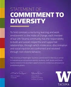 the statement of commitment to diversity is displayed in front of a purple background with multicolored squares