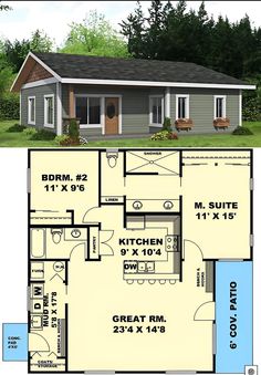 the floor plan for a small house with two bedroom and an attached kitchen area is shown