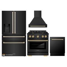 an oven, stove and refrigerator are shown in black with gold trimmings on the doors