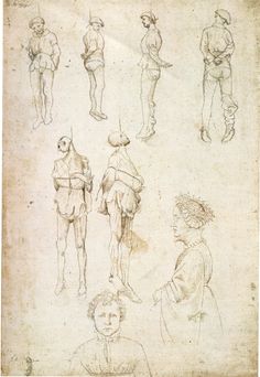 several drawings of people standing and sitting