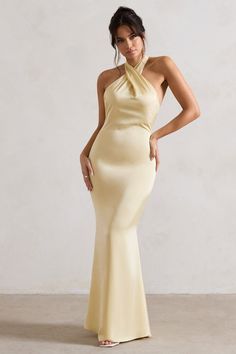 Unbeatable | Lemon Satin Cross Over Halter-Neck Maxi Dress Bridesmaid Attire, Club L London, Halter Neck Maxi Dress, Black Dress Prom, Exude Confidence, Fishtail Skirt, Black Tie Gala, Party Dress Long Sleeve, Skirt Maxi