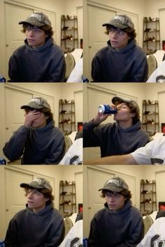 multiple pictures of a young man drinking from a bottle and wearing a hat with his eyes closed