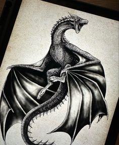 a black and white drawing of a dragon with its wings spread out, sitting on top of