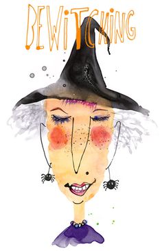 a watercolor drawing of a woman wearing a witches hat with the words bewitting on it