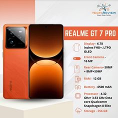 an orange phone with the text realme gt7 pro on it's side