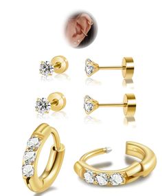 PRICES MAY VARY. Cartilage Hoop Earrings: One pair of 6mm gold earrings (18G, 1mm) and two pairs of CZ studs (3mm and 5mm, 20G) offer versatility for various ear piercings. Mix and match to suit your style or complement other earrings, enhancing your look with a touch of elegance. Hypoallergenic Earring Sets: 14k gold-plated over 316L surgical steel, these Helix Hoop Earrings offer a long-lasting brilliance that won't fade. Polished to perfection and 100% nickel-free,tragus piercing jewelry are Gold Cartilage Earring, Gold Cartilage Earrings, Tragus Piercing Jewelry, Helix Hoop, Earring Hoops, Tragus Piercing, Earring Sets, Cartilage Earrings Hoop, Cartilage Hoop