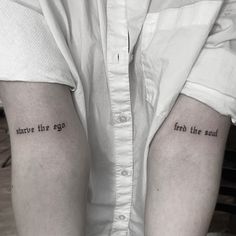 two people with tattoos on their arms that say, shut the egg and eat the soul