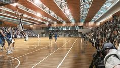 an artist's rendering of a basketball game being played in a large indoor arena