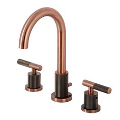 two faucets with copper and black handles