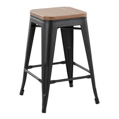 the backless metal stool with wooden seat is black and has a wood seat on it