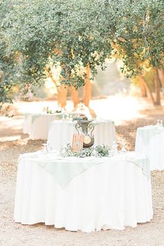 the table is set up with white linens and greenery on it for an outdoor wedding reception