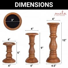 three wooden candlesticks are shown with measurements for each candle holder and the size