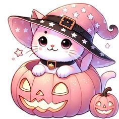 a cat wearing a witches hat sitting on top of a pumpkin with stars and moon