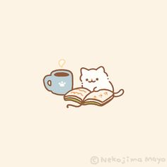 a cat reading a book with a cup of coffee