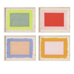 four square paintings with different colors on each one, in various sizes and shapes are shown