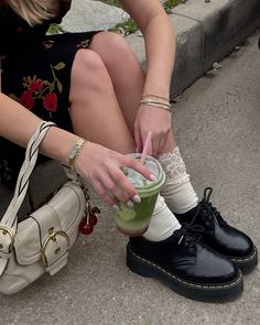 docs, lace socks, vintage coach, cherry bag charm, vintage watch, gold jewelry, matcha, outfit details, accessories, inspo Shoe Aesthetic Pictures, Matcha Outfit, Vintage Bag Outfit, Insta Filler Pics, Coach Bag Outfit, Vintage Outfits Aesthetic, Pink Matcha, Cherry Bag, Coach Mini Purse