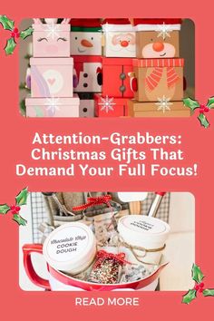 christmas gifts with the words attention grabers on them and an image of presents in a bucket