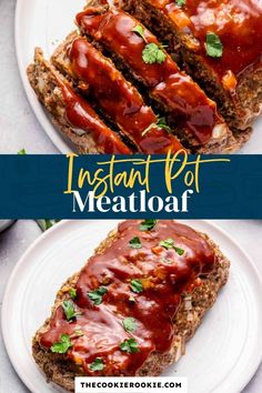 an easy instant pot meatloaf recipe on a white plate with text overlay