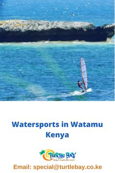 a person windsurfing in the ocean with text reading watersportss in watamu kenya