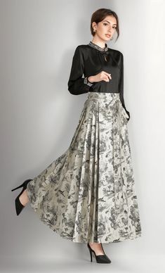 Olivia Mark - Vintage Style Ink Painting Umbrella Skirt Half Length Dress with Slim Fit and Flared Design Feminine Flared Maxi Skirt With Lined Detail, Vintage Full Skirt In Beige, Fitted Vintage Full-length Maxi Skirt, Beige Full-length Lined Skirt, Beige A-line Fitted Maxi Skirt, Painting Umbrella, Mark Vintage, Elegant Midi Skirt, Skirt With Buttons