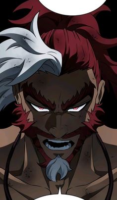 an anime character with white hair and red eyes, his shirtless body is shown