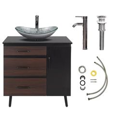 a bathroom vanity with sink, faucet and accessories for the vessel bowl basin