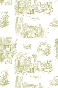 several drawings of people in the woods