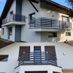 two different views of a house with balconies