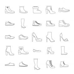 various types of shoes are shown in black and white, including high heeled boots