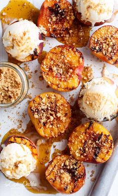 grilled peaches with vanilla ice cream and caramel sauce