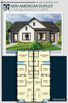 the new american duplex floor plan is shown in two different colors and features three bedroom,