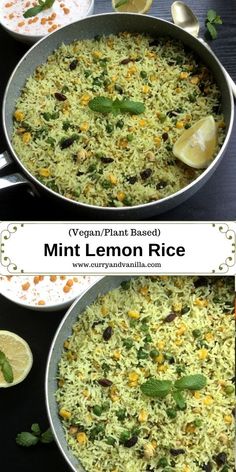 two pans filled with rice and vegetables on top of a black table next to lemon slices