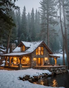 a log cabin is lit up at night by the water's edge with snow on the ground