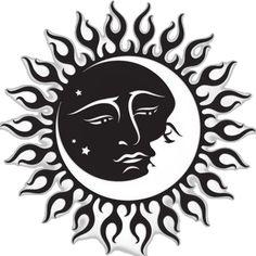 the sun and moon are depicted in black and white with flames around it, as well as an image of a woman's face