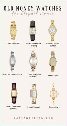 Explore the old money watch aesthetic with our blog post. This informative read not only showcases amazing old money watches women will adore, but also embodies the charm of timeless fashion. Embrace the vintage watch aesthetic, learn about old money style, classy watches. Perfect for those seeking a chic and affordable addition to their accessories. Hand Watches Women, Watch For Women Aesthetic, Old Money Aesthetic Watch, Woman Watch Aesthetic, Vintage Watch For Women, Best Women Watches, Chic Watches Women, Watches Old Money, Timeless Elegance Aesthetic