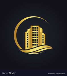 a gold building logo with waves in the foreground and a crescent around it on a black background