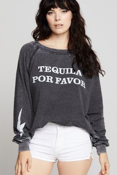 Party 'til you drop in this "Tequila Por Favor" oversized sweatshirt! Designed with "Tequila Por Favor" verbiage on the front with a lightning bolt on the right sleeve, and "One Tequila, Two Tequila, Three Tequila, Floor" on the back. Made with vintage washed fabric, ribbed hems, a relaxed crew neckline, and our classic oversized fit. The design of this style is oversized. For a more standard fit, choose a size down. Details Style #302274 Color: Black Tequila Por Favor Oversized Sweatshirt 47.5 Vintage Havana, Black Party, Drop In, Lightning Bolt, Oversized Sweatshirt, Long Sleeve Sweatshirts, Tequila, Crew Neckline, All Products