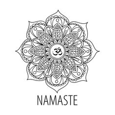 the namaste symbol is shown in black and white, with an intricate flower design