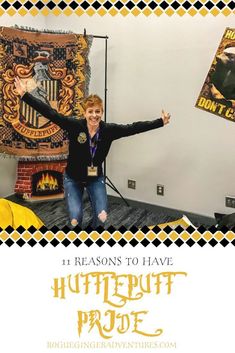 a woman standing on top of a bed in front of a hogwart banner with the words 11 reasons to have harry potter pride