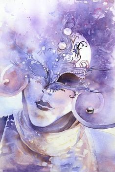 a painting of a woman wearing a purple mask with bubbles on it's face