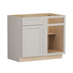 a white kitchen cabinet with wooden doors and drawers on the bottom, in front of a white background