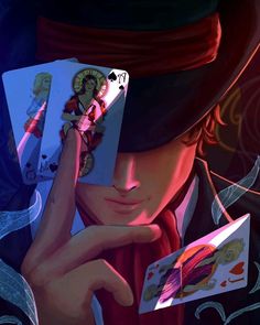 a man in a top hat holding playing cards with one hand and the other on his face