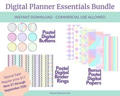 the digital planner essentials bundle includes all kinds of paper, buttons and stickers