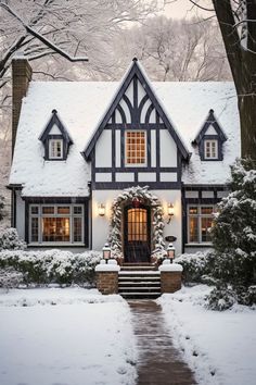 a house covered in snow with christmas wreaths and lights on the front door, surrounded by trees