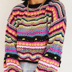 This Gorgeous Sweater Features An Array Of Bright Eye-Catching Colors In A Crochet Pattern And Bell Sleeves Making For A Unique And Trendy Piece. -We Ship Right From Our Small Business Boutique In Pennsylvania. -We Always Try To Put Washes And Colors In The Title Or Description Of The Item. Colors May Vary Due To Lighting Of A Picture. -All Of Our Items Are New With Tags And Are Never Wore Or Used. Thank You For Checking Out Our Boutique! We Appreciate All Of You And Hope You Enjoy Our Pieces! Y Crochet Coogi Sweater Pattern, Colorful Crochet Sweater, Small Business Boutique, Business Boutique, Bright Sweater, Golden Tan, Bright Eye, Crochet Fall, Crochet Sweater