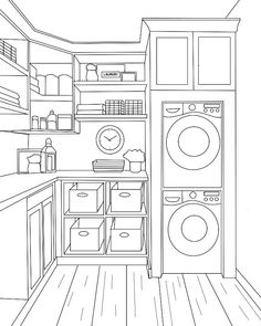 an outline drawing of a kitchen with washer and dryer