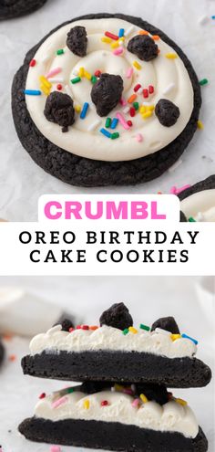 oreo birthday cake cookies with white frosting and sprinkles on top